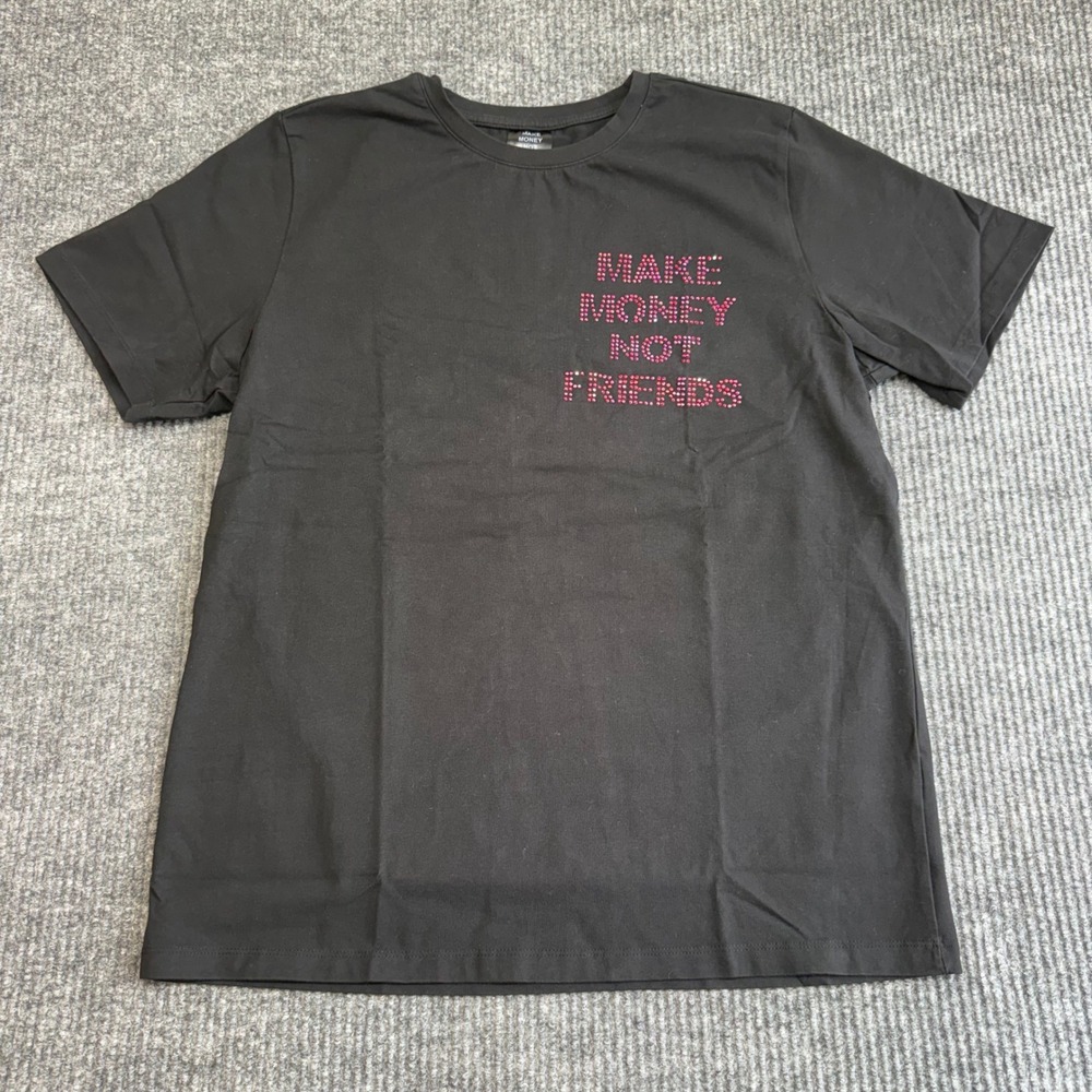 Make Money Not Friends Black Tee M Pink Rhinestone‎ Graphic Y2K Streetwear